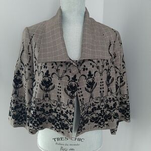 CARTISE Montreal Cropped Plaid Jacket Flocked Velvet Floral Bell Sleeve Sz 8